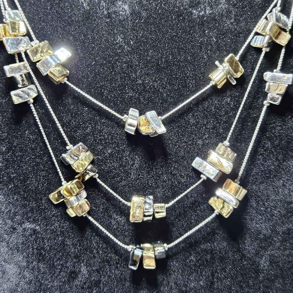 Silver Gold Gray Tone Chunky Layered Station Necklace 22-24.5"